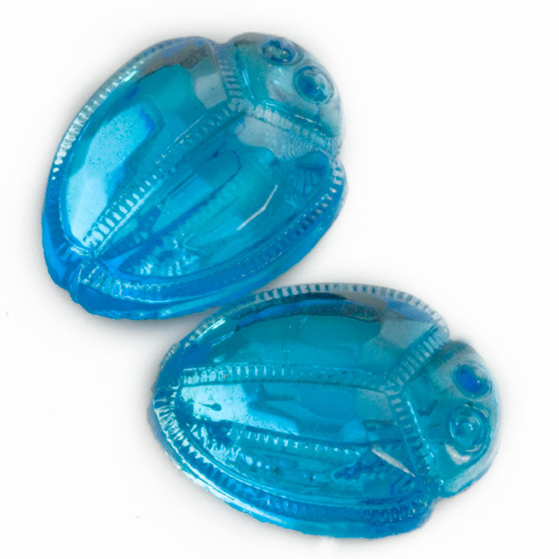 Vintage sapphire aqua glass flat back foiled scarab cabochon 15x12mm 4 pcs. 