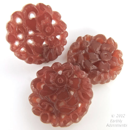 Pierced Floral Cabochon,carnelian colored glass. Japanese. 15mm. 2 pcs. b5-830