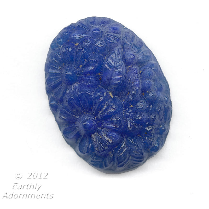 Vintage molded lapis blue glass "carved" floral domed cabochon, Japan, 19x14mm 2 pc. 