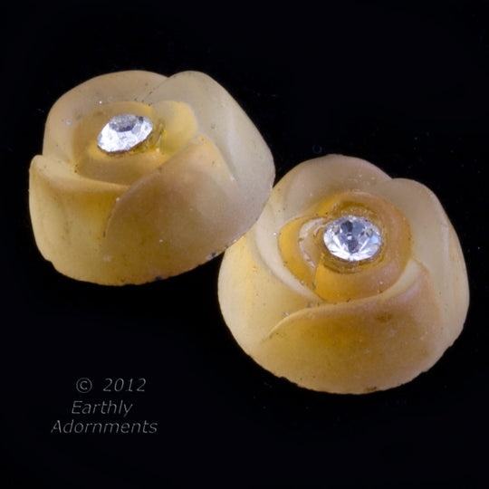 Flower Cabochon, matte yellow glass with rhinestone. 10mm. Pkg 2.  b5-860