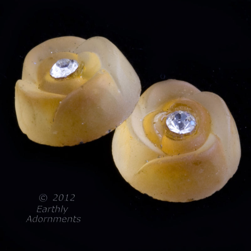 Vintage matte frosted molded glass yellow flower cab. 10x4mm. 