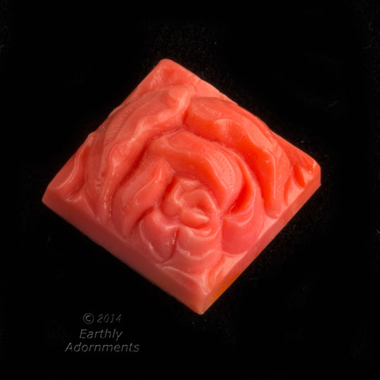 Rose Square Cabochons, coral color glass. 12x12mm. Japan. Package of 2. b5-922