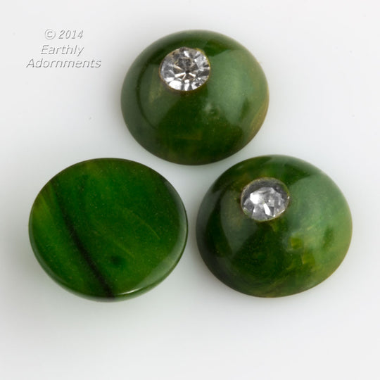 Green and Yellow Marbled Cabochons with rhinestone. Bakelite. 9mm. Pkg 4. b5-928