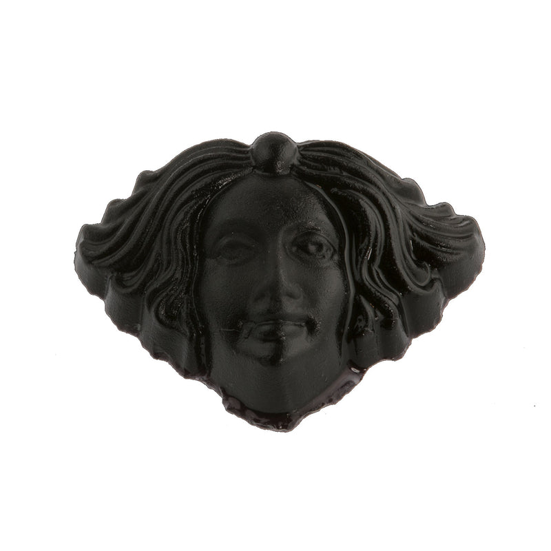 Matte black glass molded Art Nouveau lady head stone. 18x11.5mm. Pkg 1.