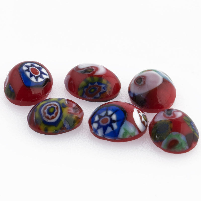 Vintage Ventian style red glass  millefiore flat back cabochon.10x8mm.Czechoslovakia.Pkg 2.