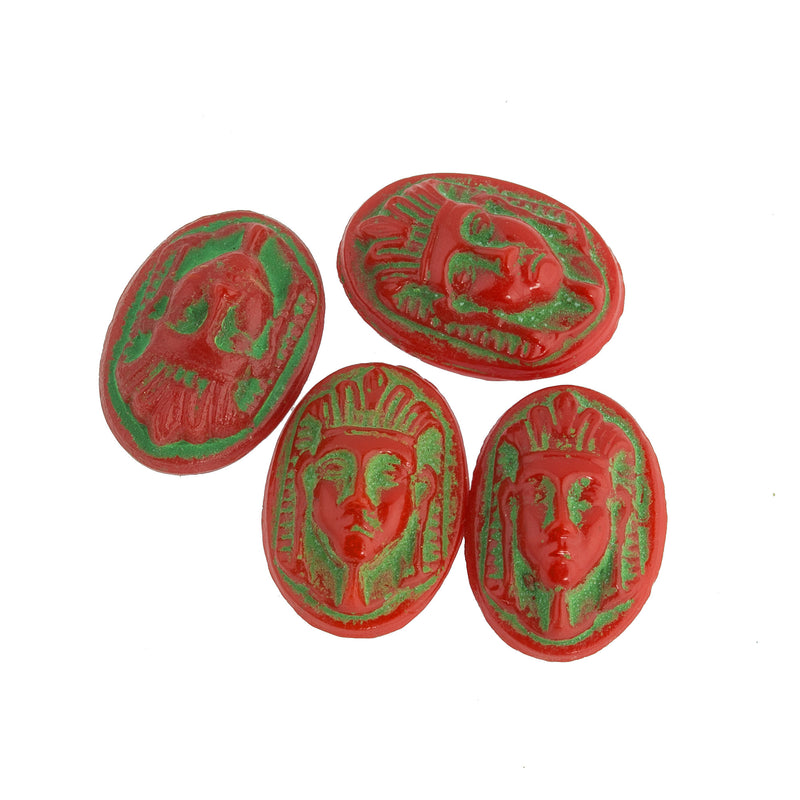 Vintage Egyptian pharaoh head cameo cabochon.Red glass with green decor. 16x11mm. Czechoslovakia. Pkg of 2.