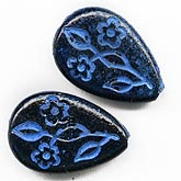 West German blue flower on black plastic teardrop bead 13x18mm. Pkg of 10. b6-154-
