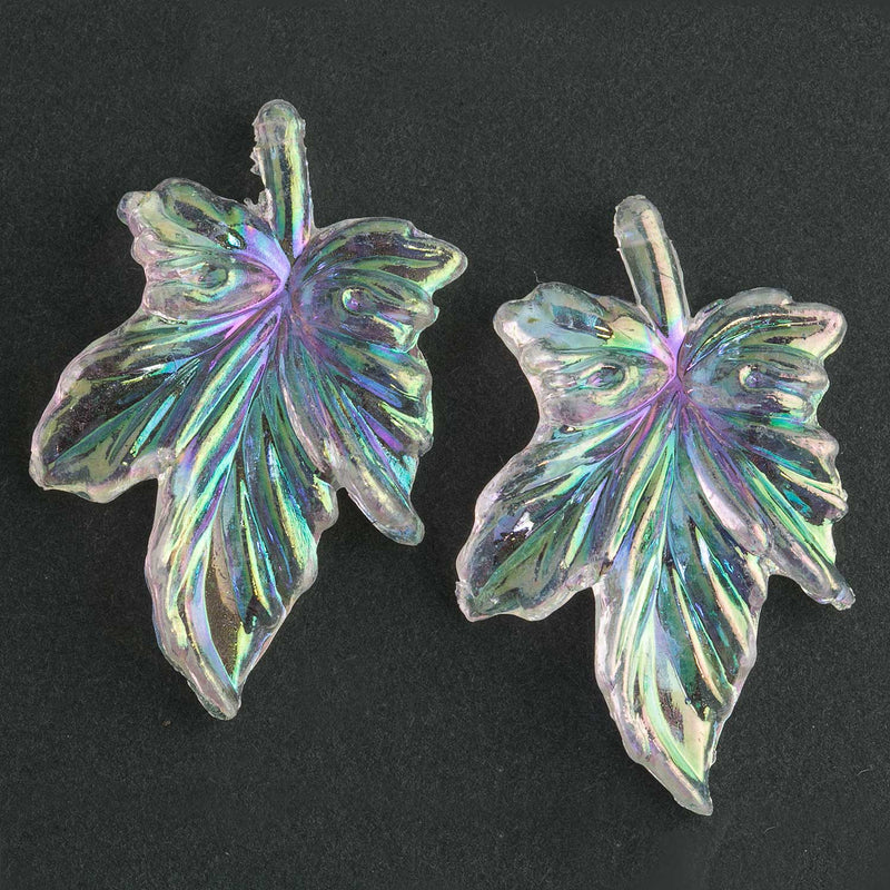 Vintage Lucite AB coated maple leaf pendant 43x26mm pkg of 2. 