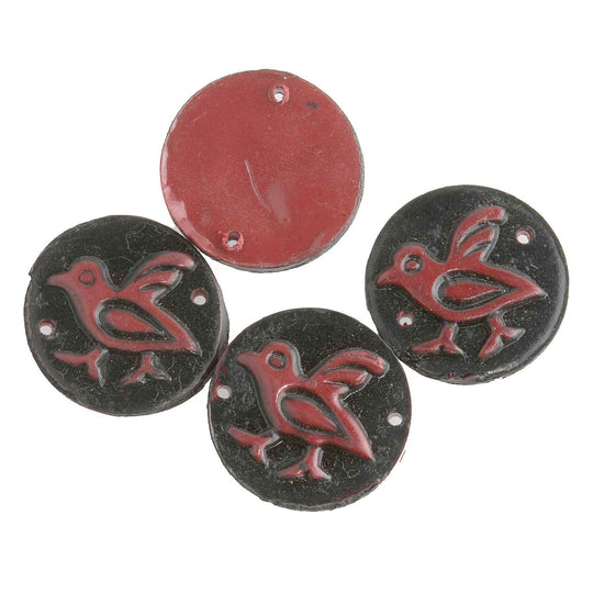 Vintage plastic flat 2 hole pendant in red & black, 15mm pkg of 6. b6-165
