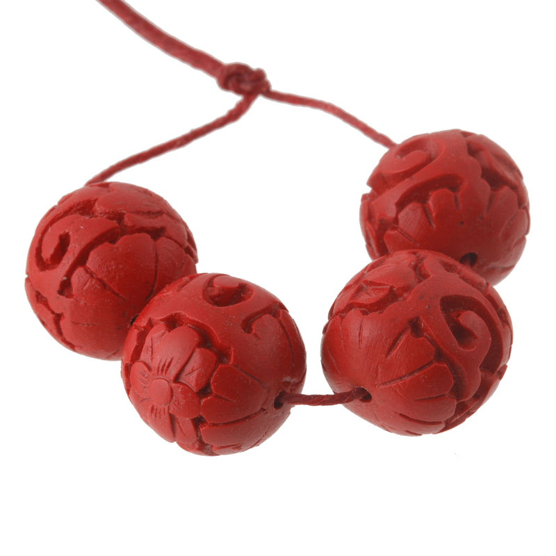 Vintage carved red cinnabar rounds 1980s. 14x15mmmm. Package of 4.