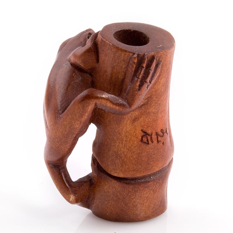 Frog on bamboo stalk boxwood ojime bead, 28x20mm, sold individually.