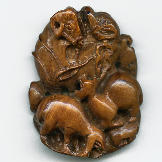 b7-wo255-Vintage hardwood carved pendant of ram and ewes