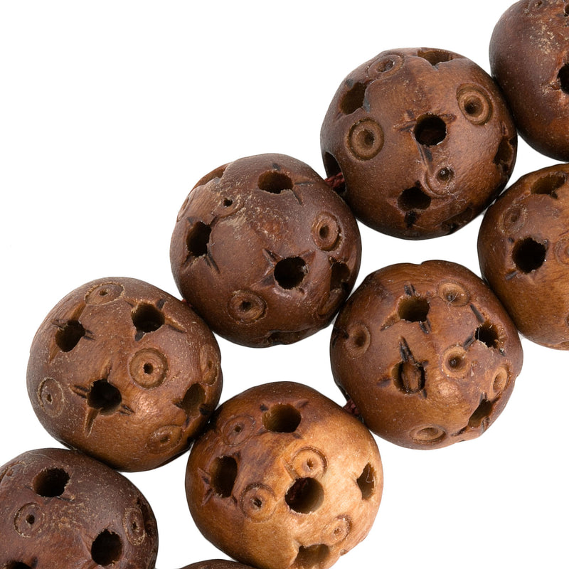 Chinese hollow carved and pierced wood beads, traditional Cantonese design, 10mm Pkg of 6.