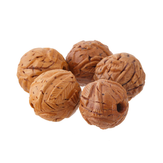 Vintage Chinese carved nut beads. Tiny surface carvings of leaves and vines. 14-15mm. 2pc. b7-wo352