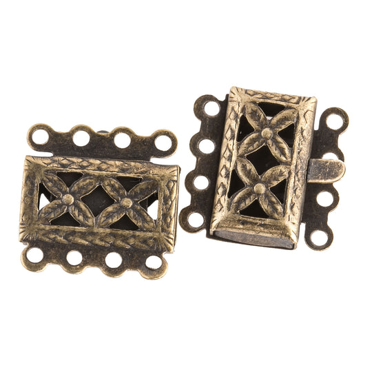 Vintage, Oxidized Brass Floral Motif 4 Strand Push In Box Clasp. 13mm. Sold Individually.  b8-0215