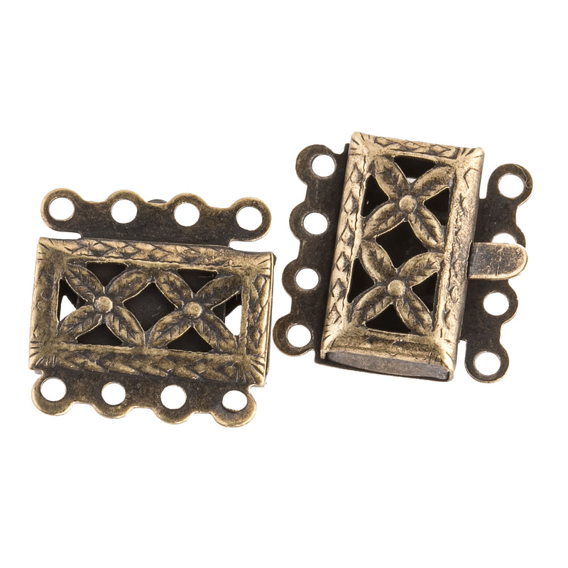 Vintage, Oxidized Brass Floral Motif 4 Strand Push In Box Clasp. 13mm. Sold Individually