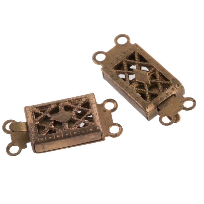 Vintage 2 strand red brass filigree box clasp, pkg of 4.