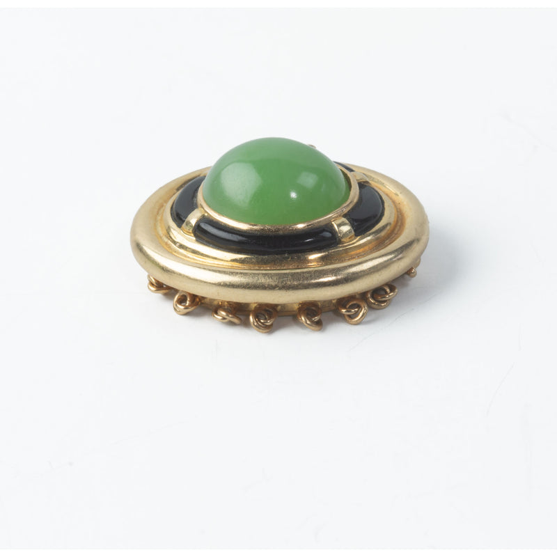 Mid-century designer 7-strand clasp of green jade, onyx and 14k yellow gold.