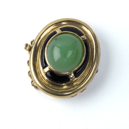 Mid-century designer 7-strand clasp of green jade, onyx and 14k yellow gold.  B8-371