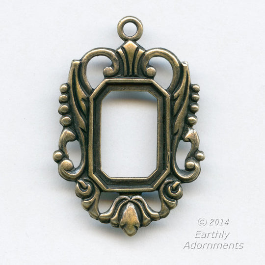 Oxidized brass 25x20mm openback flat prong 10x15mm setting with 1 ring. Pkg 1.