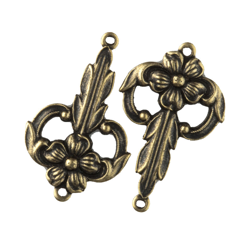Oxidized brass flower and leaf stamped brass 2 ring connector. 15x25mm Pkg. of 4.