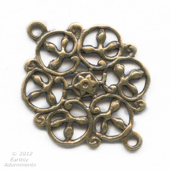 Oxidized brass stamped filigree 2 ring connector. 13mm. Pkg. of 4. b9-0483(e)