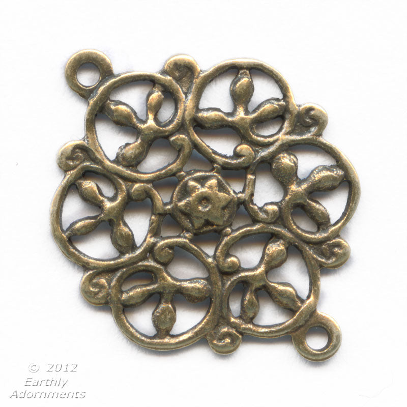 Oxidized brass stamped filigree 2 ring connector. 13mm. Pkg. of 4. 
