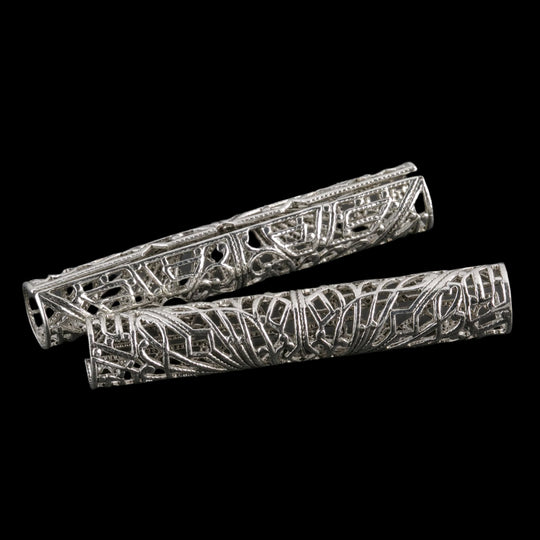 Long  silver plated brass Filigree Tube Connector. 52x8mm. 1 pc. b9-0489s