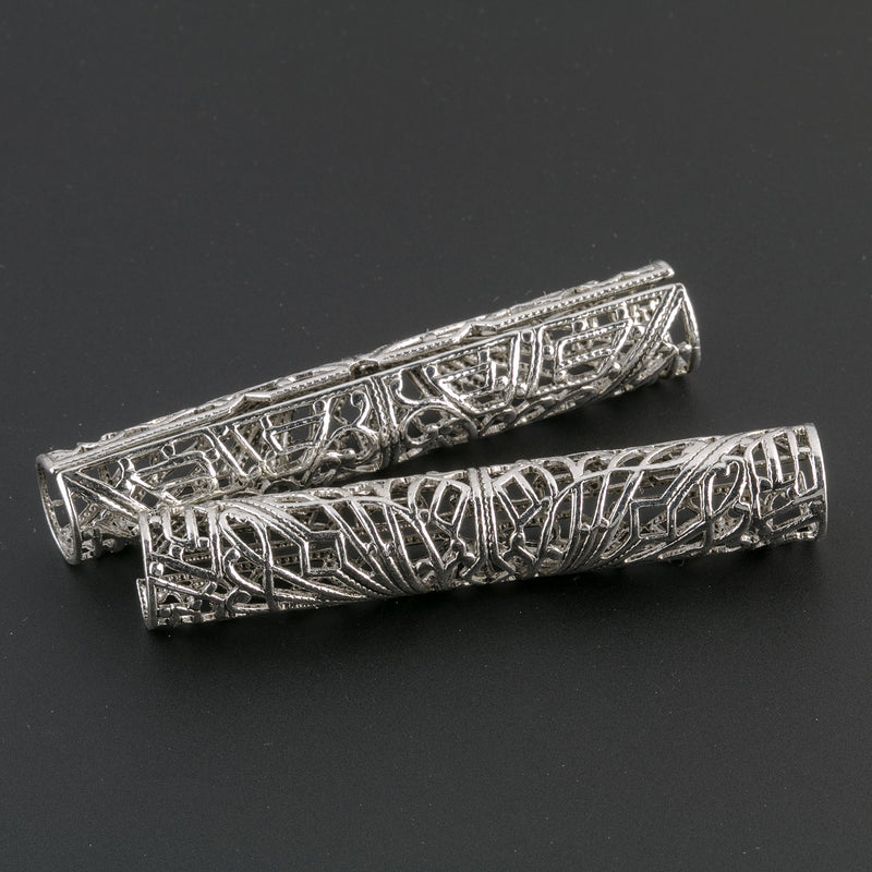 Long sterling silver plated brass Filigree Tube Connector. 52x8mm. 1 pc. b9-0489-s