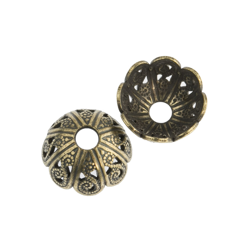 Solid brass filigree bead cap from antique mold. 5x10mm Pkg of 4. 
