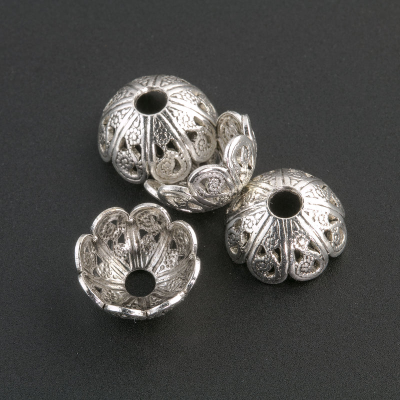 Sterling silver plated brass filigree bead cap from antique mold. 5x10mm Pkg of 4.