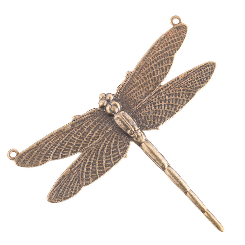 Oxidized solid brass Dragonfly  stamped pendant. 50mm wingspan, 44mm long. 2 ring.  Pkg1.