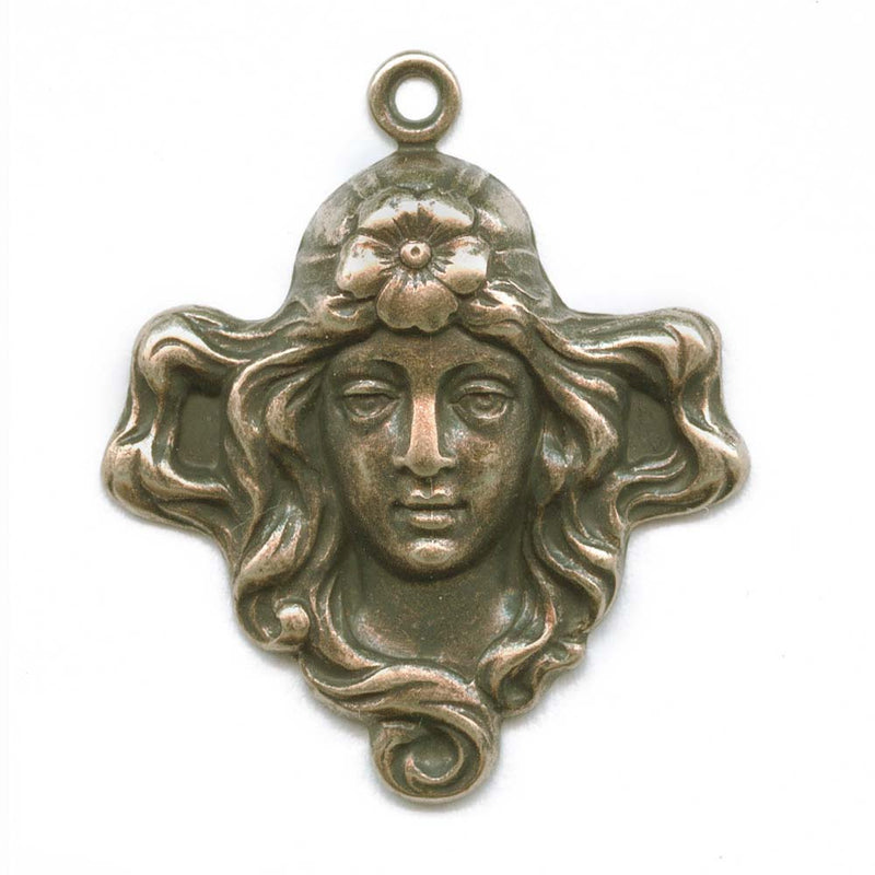 Art Nouveau style oxidized brass charm. 22x27mm Pkg. of 2. 