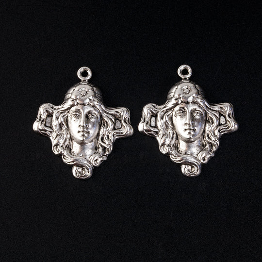 Art Nouveau style silver plated brass charm. 22x27mm Pkg. of 2. b9-0525s