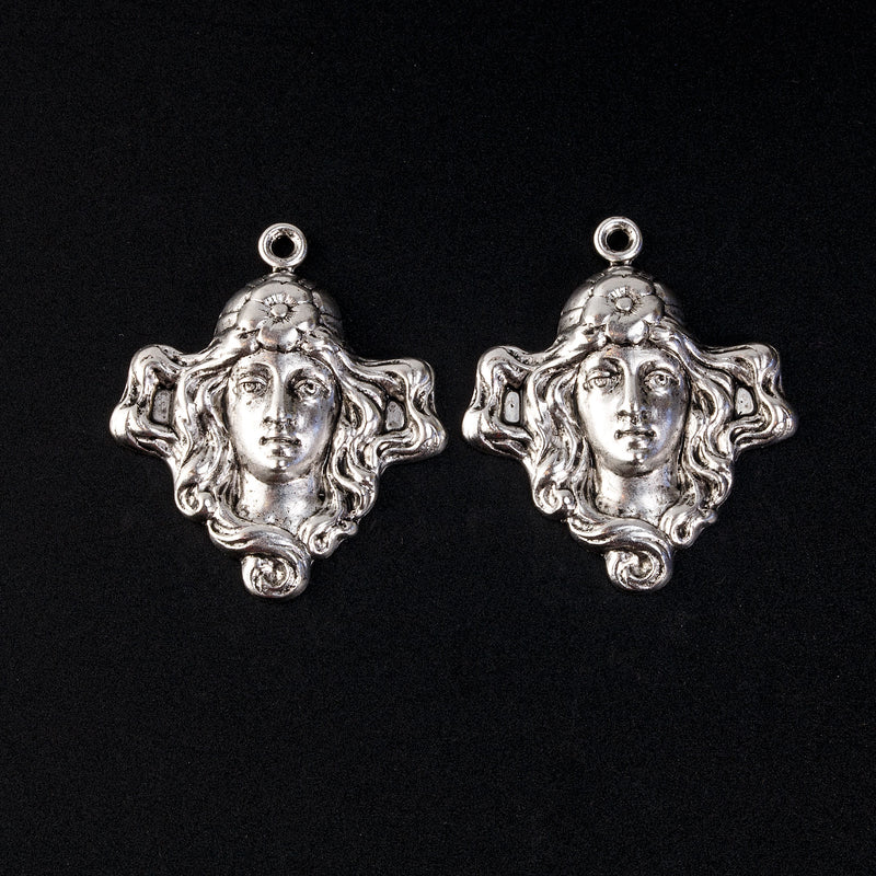 Art Nouveau style silver plated brass charm. 22x27mm Pkg. of 2.