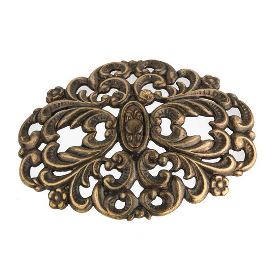 b9-0526 Oxidized brass stamped ornamental disk. 43x34mm Pkg. of 1