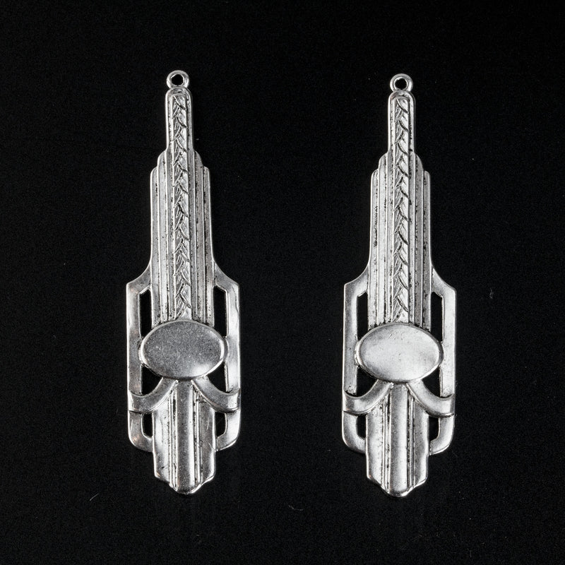Art Deco-style silver plated solid brass pendant. 50x13mm Pkg of 2.