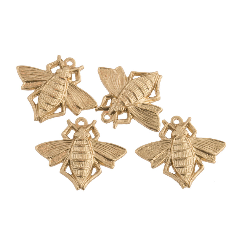 Yellow raw brass honey bee charm. 18x15mm Pkg of 4. 