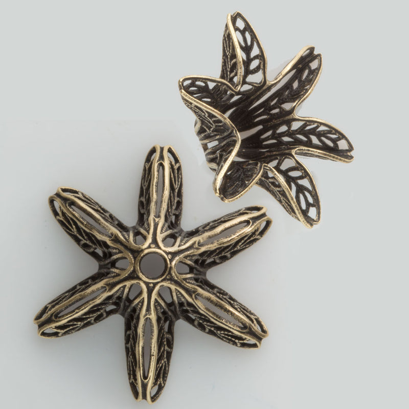 Oxidized brass filigree florette fluted bead cap. 12x26mm. Pkg of 2.