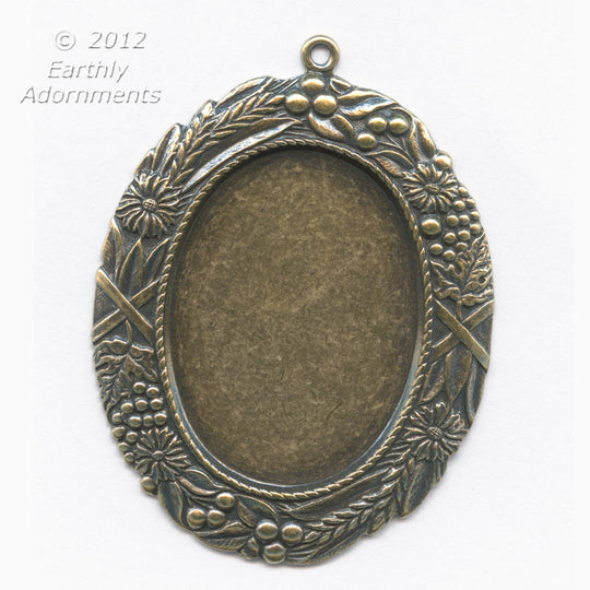 Oxidized brass solid back oval frame pendant setting for cabochon. 4 sizes. b9-0596