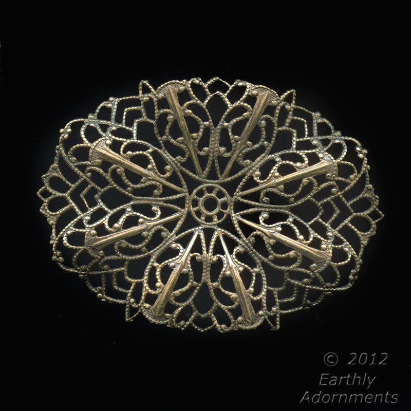 Oxidized brass stamped filigree pendant . 60x45mm Pkg. of 1. 