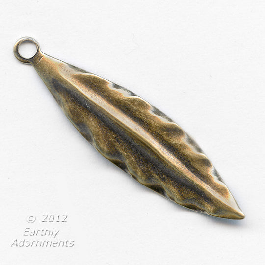 b9-0767-Vintage oxidized brass leaf pendant. 10x40mm Pkg. of 4
