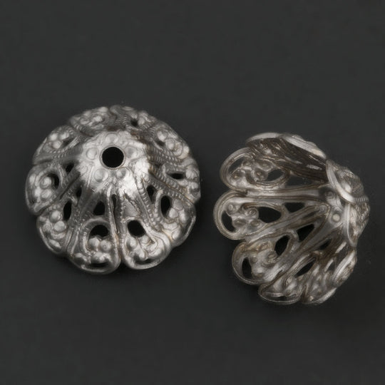 Vintage silver metal filigree bead cap. 19x10mm. Pkg. of 4. b9-0776(e)