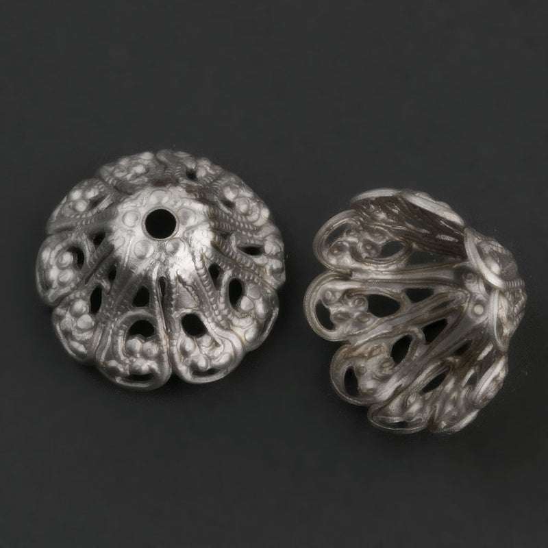 Vintage silver metal filigree bead cap. 19x10mm. Pkg. of 4.