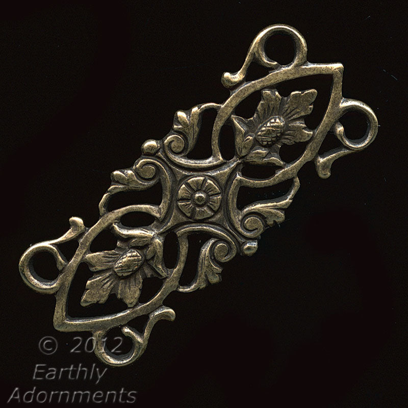 Oxidized Brass Stamped Filigree 4 ring connector 30x13mm Pkg. of 1.