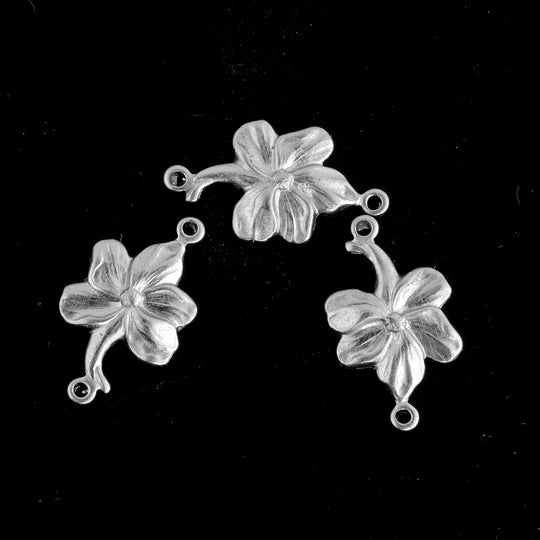 Stamped Sterling Silver Plated Brass Hibiscus Flower Two-Ring Connector. 20x12mm. Package of 4. B9-0825