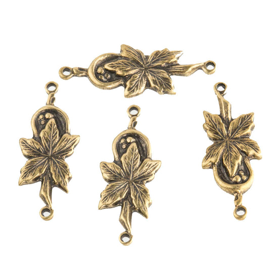Antique finish gold plated brass connector in floral leaf design. 22mm Pkg. of 8. b9-0826