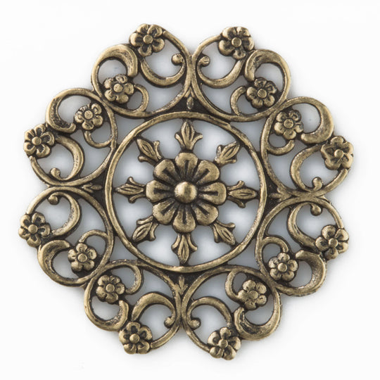 Oxidized brass filigree rosette. 28mm diameter Pkg of 1. b9-0828