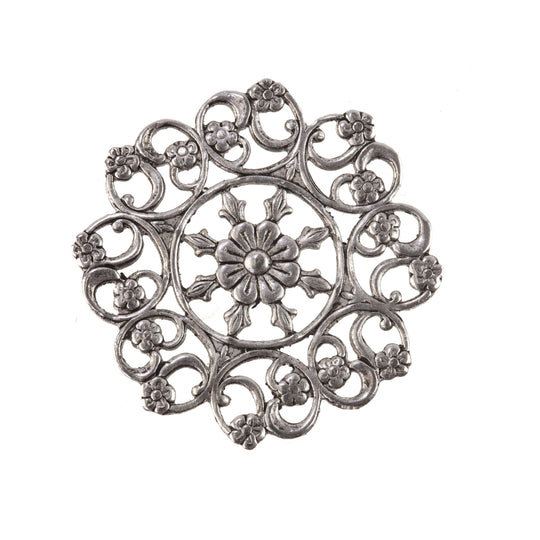 Silver plated stamped brass filigree rosette. 28mm diameter Pkg of 1. b9-0828s