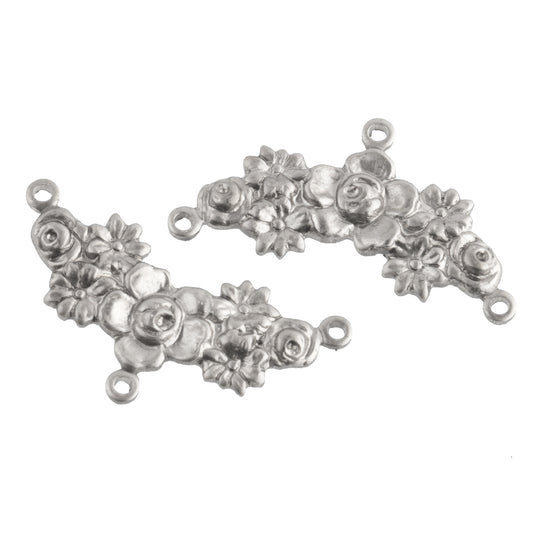 Sterling silver plated stamped brass 3 ring connector in floral garland motif. 26mm x 10mm. Pkg. of 2. b9-0834-s